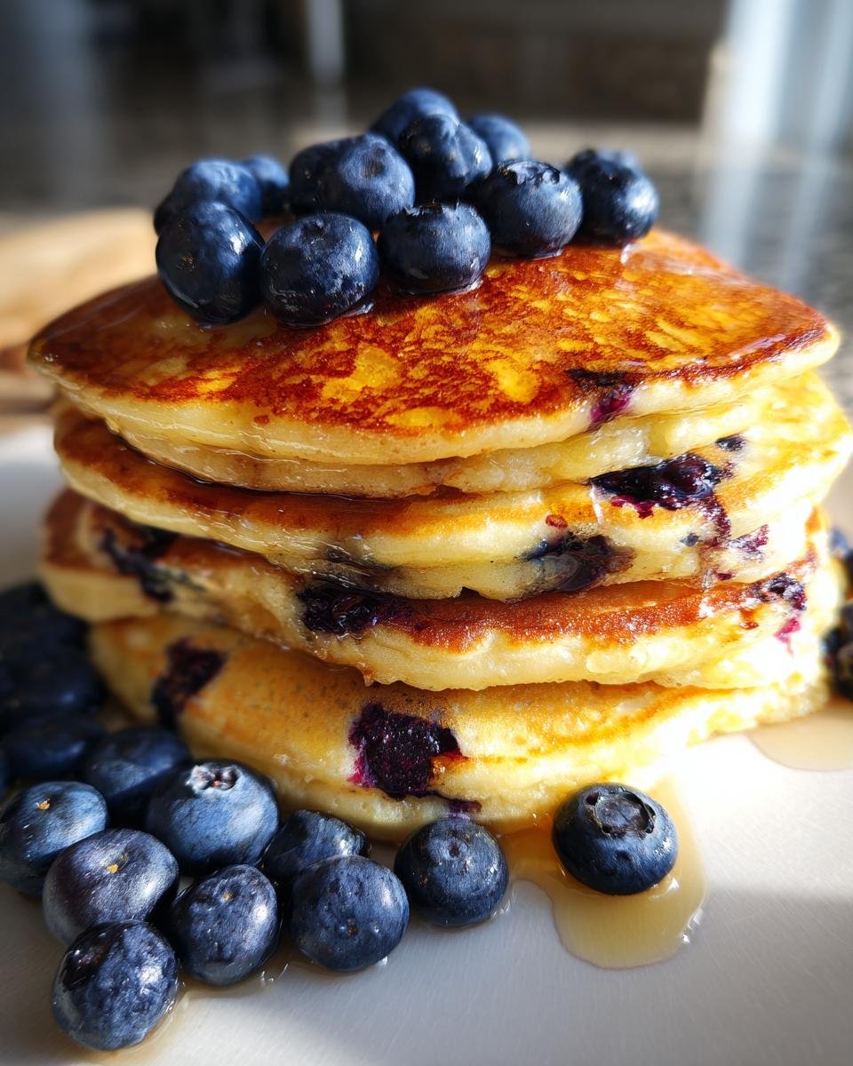 A tall stack of Extra Fluffy Honey Blueberry Pancakes, topped with fresh blueberries and drizzled with honey.