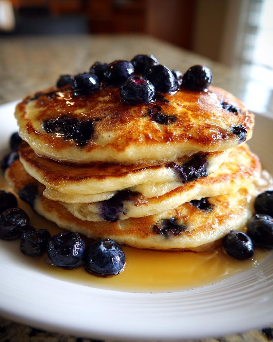 A stack of extra fluffy honey blueberry pancakes topped with fresh blueberries and syrup.