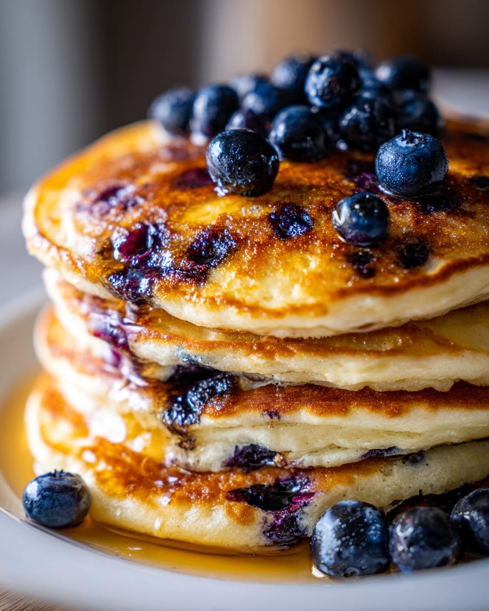 A close-up of a stack of Extra Fluffy Honey Blueberry Pancakes, generously topped with fresh blueberries and syrup.