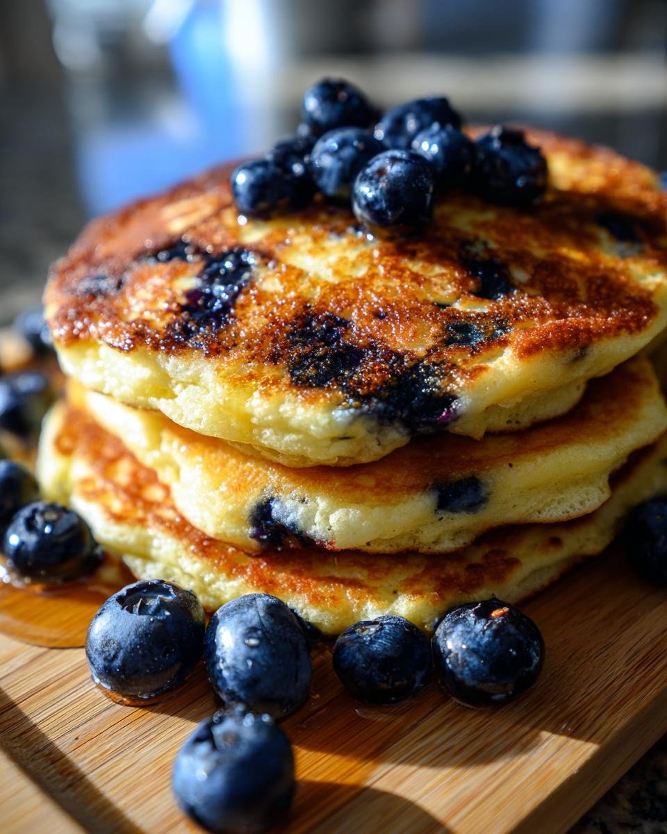 A stack of Extra Fluffy Honey Blueberry Pancakes topped with fresh blueberries and syrup.