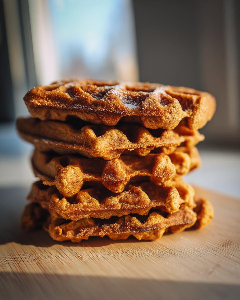 A stack of golden-brown flourless vegan sweet potato waffles dusted with powdered sugar.