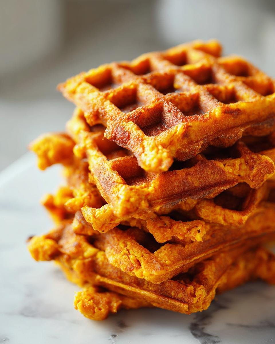 A stack of golden-brown flourless vegan sweet potato waffles on a marble surface.