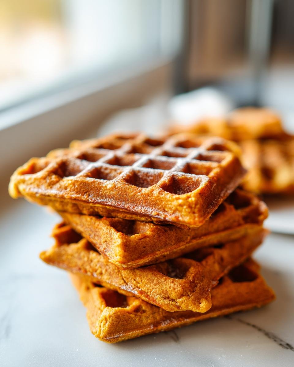 A stack of delicious flourless vegan sweet potato waffles dusted with powdered sugar.