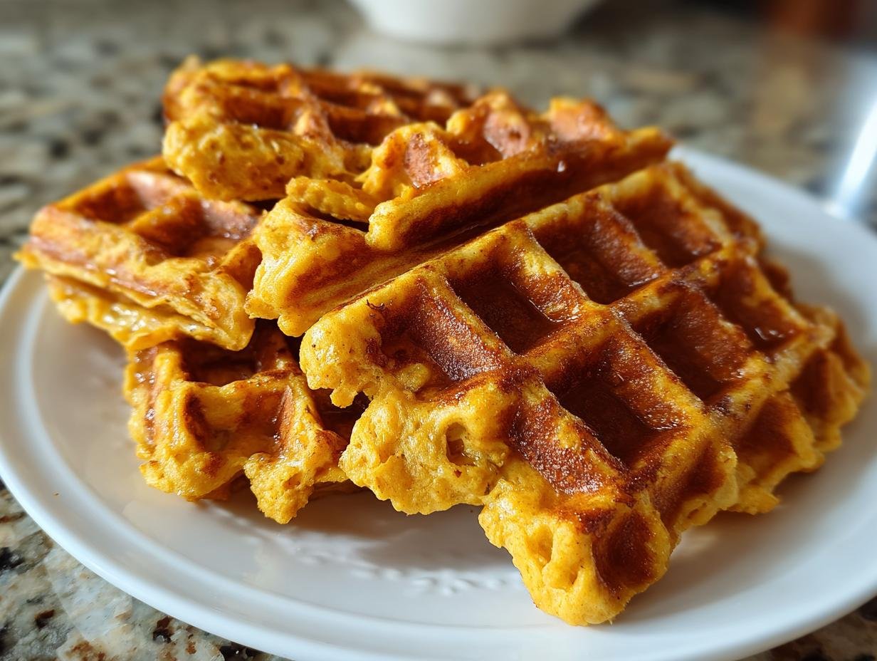 A stack of golden brown flourless vegan sweet potato waffles on a white plate.