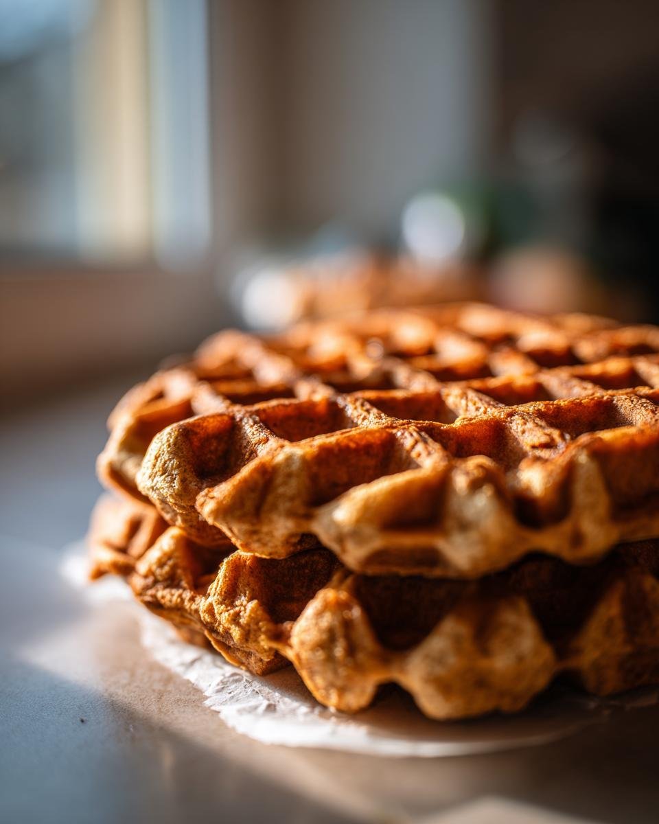 A close-up, stacked pile of golden-brown flourless vegan sweet potato waffles, bathed in soft light.