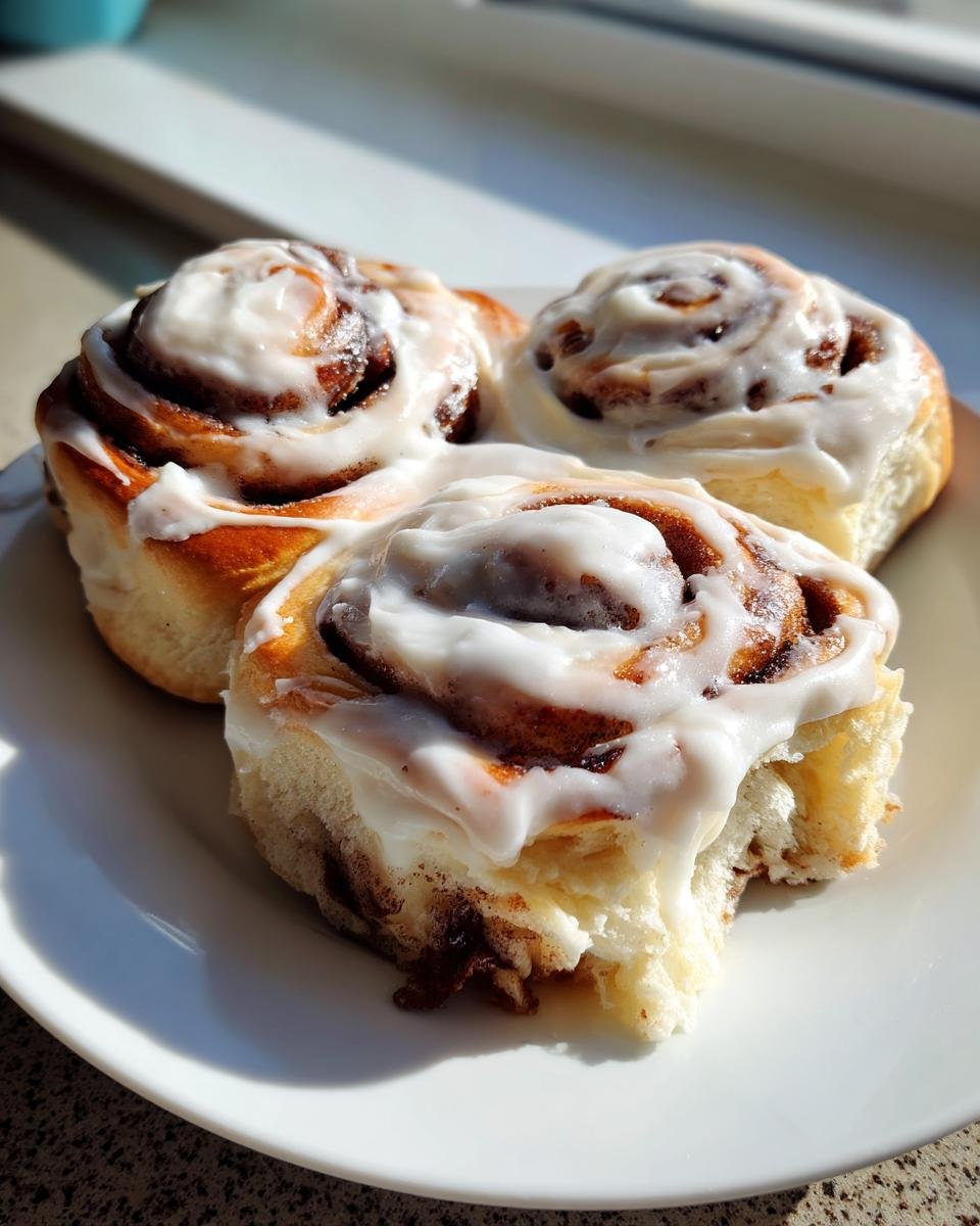 Three fluffy Classic Homemade Cinnamon Rolls heavily drizzled with white cream cheese icing on a white plate.