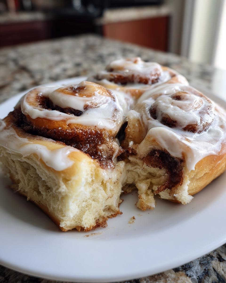 Close-up of fluffy Classic Homemade Cinnamon Rolls covered in white cream cheese icing, one roll is partially eaten.