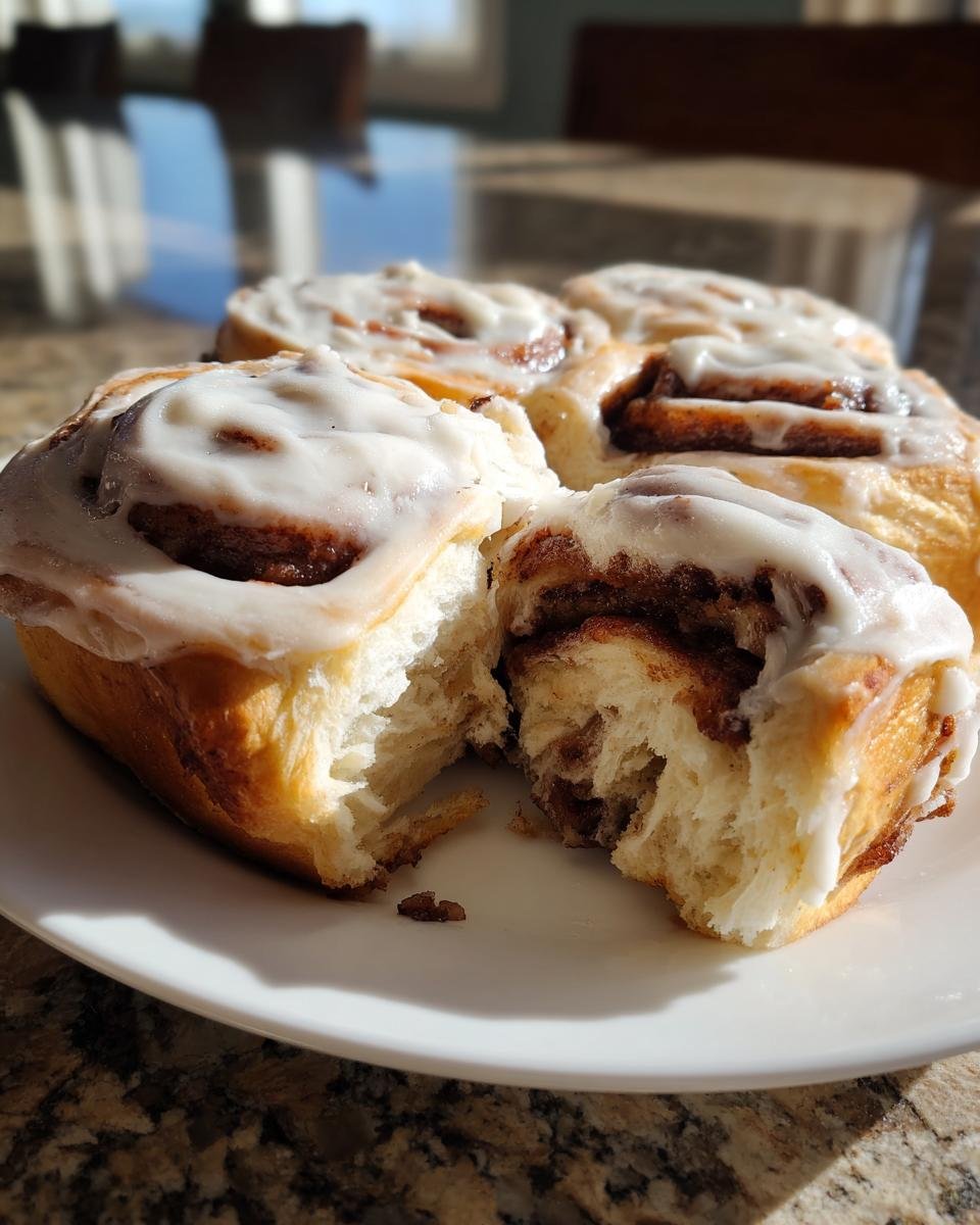 Close-up of fluffy Classic Homemade Cinnamon Rolls, one pulled apart showing the soft interior and thick white icing.