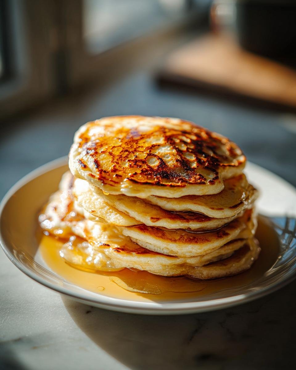 A tall stack of golden brown Fluffy Vegan Banana Pancakes drizzled with syrup on a white plate.