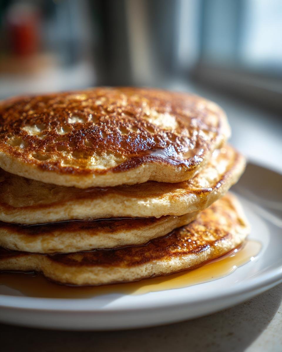 A stack of fluffy vegan banana pancakes drizzled with syrup on a white plate.