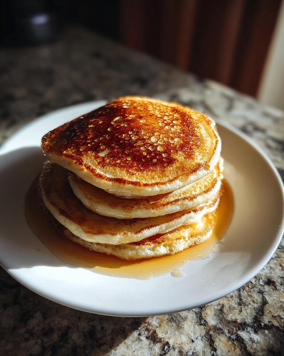 A stack of fluffy vegan banana pancakes drizzled with syrup on a white plate.