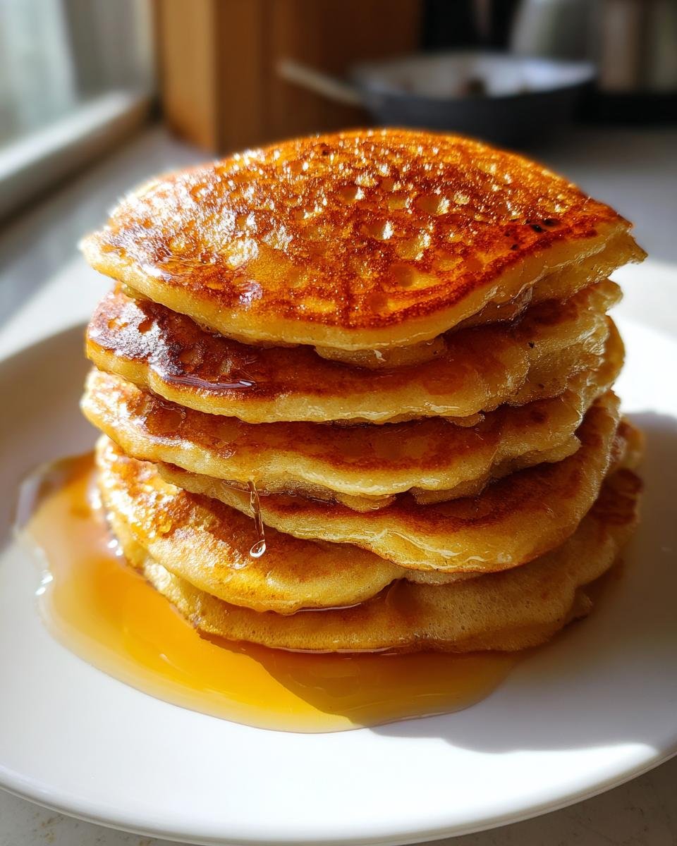 A stack of fluffy vegan banana pancakes drizzled with syrup on a white plate.