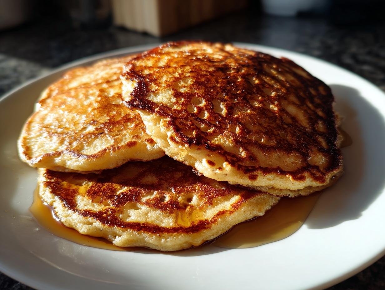 A stack of three golden-brown fluffy vegan banana pancakes drizzled with syrup on a white plate.