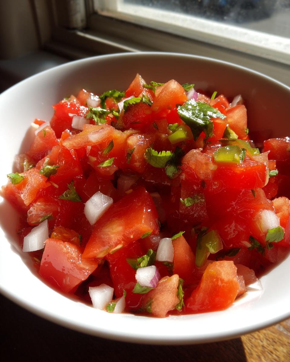 Close-up of a white bowl filled with Fresh Homemade Pico De Gallo, showing diced tomatoes, onions, and cilantro.