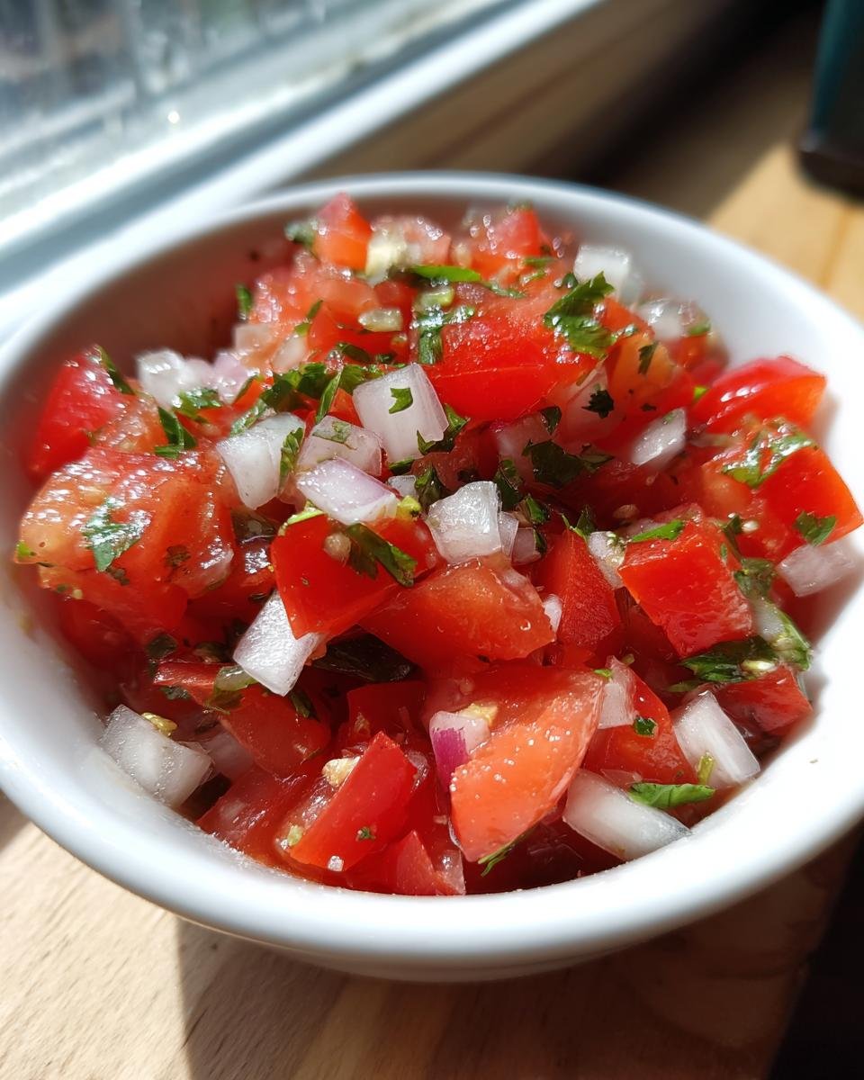 Close-up of a white bowl filled with vibrant Fresh Homemade Pico De Gallo, showing diced tomatoes, onions, and cilantro.