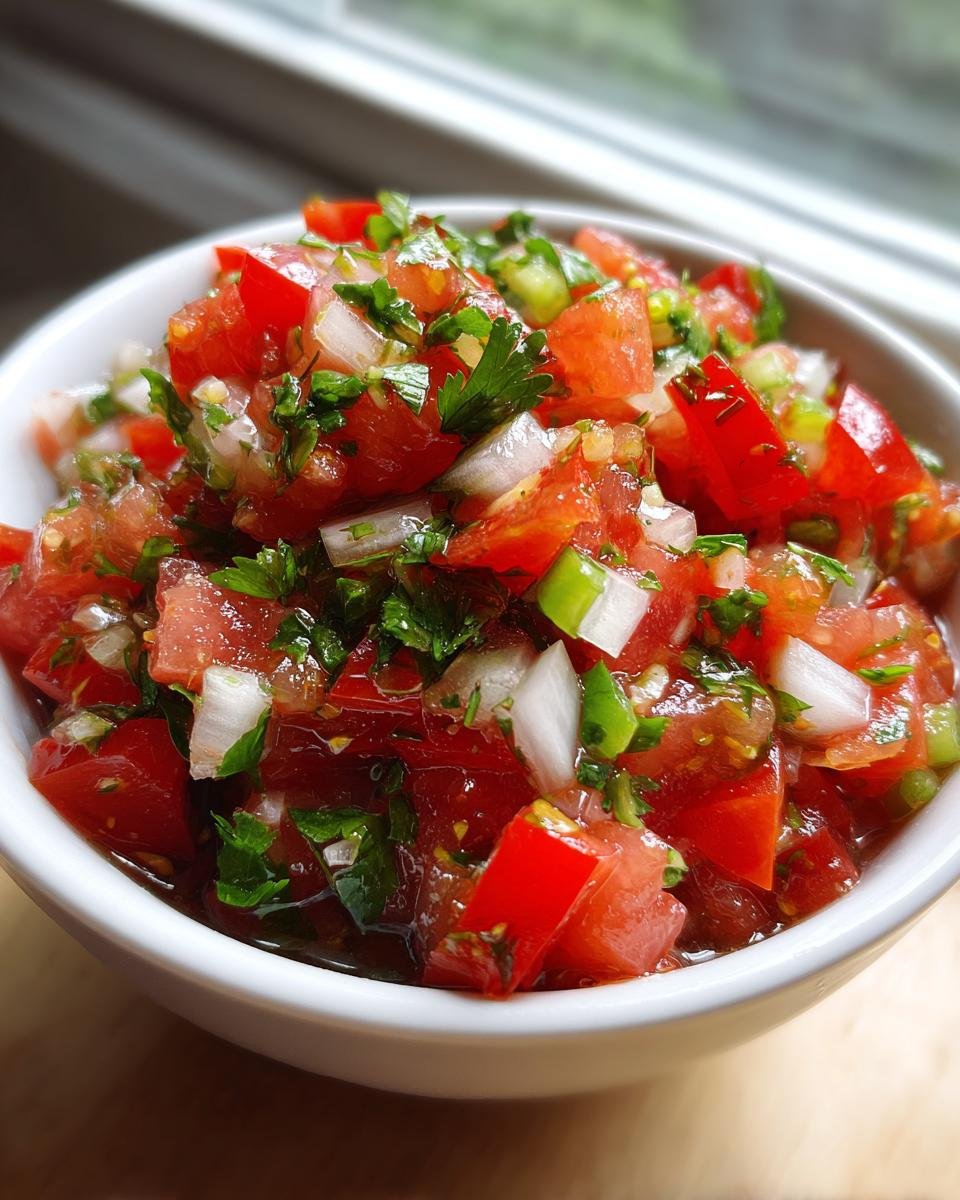 A close-up of vibrant Fresh Homemade Pico De Gallo featuring diced red tomatoes, white onion, and green cilantro in a white bowl.