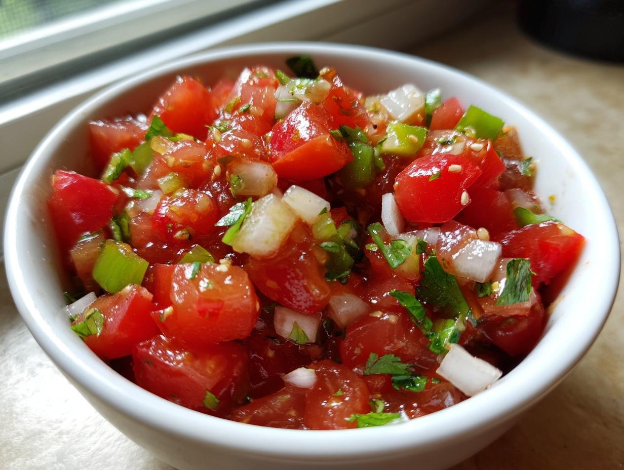 Close-up of a white bowl filled with vibrant Fresh Homemade Pico De Gallo, featuring diced tomatoes, onions, and cilantro.