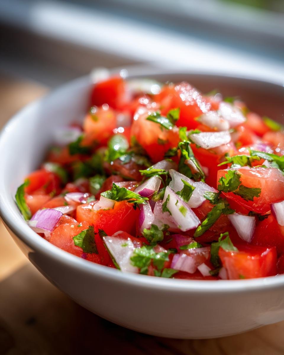 Close-up of vibrant Fresh Homemade Pico De Gallo featuring diced tomatoes, red onion, and cilantro in a white bowl.