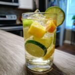 A tall glass filled with ice, citrus slices (lime and orange), and bubbly liquid, garnished with a lime wheel. This is a Frohito.