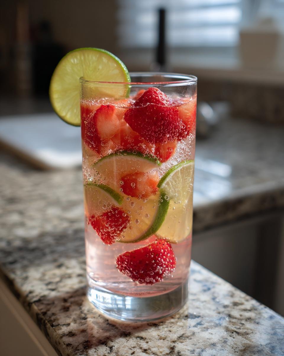 A tall glass filled with Frohito, featuring fresh strawberries, lime slices, and bubbles.