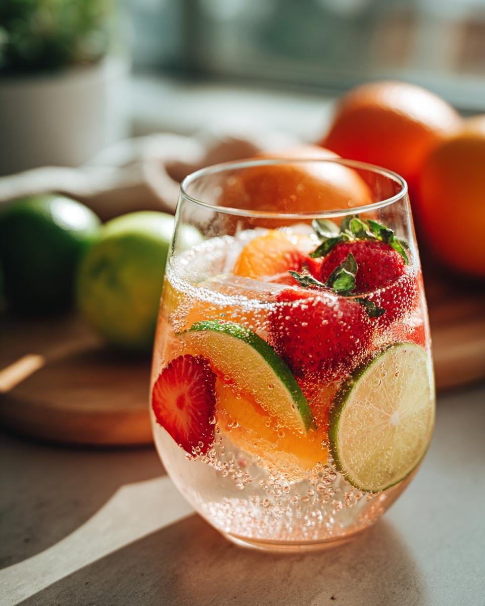 A close-up of a glass filled with Frohito, ice, strawberries, lime slices, and orange pieces, with bubbles visible.