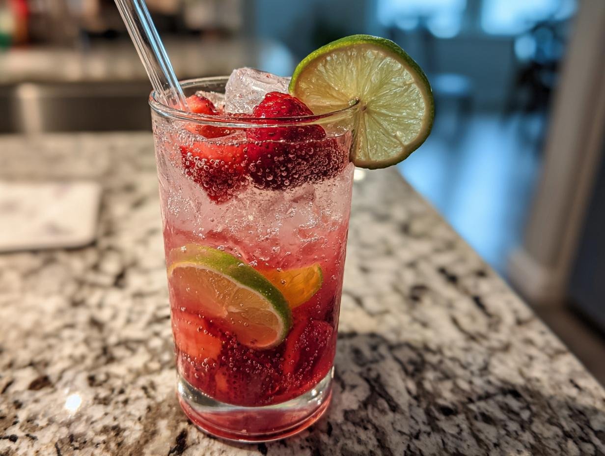 A tall glass filled with a bubbly Frohito drink, packed with fresh strawberries, lime slices, and ice, with a straw.