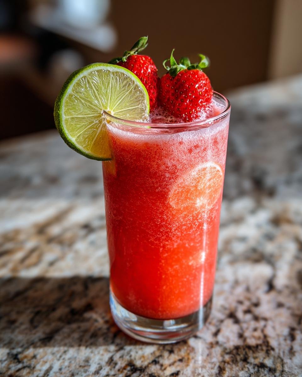 A tall glass filled with a vibrant red Frohito, garnished with fresh strawberries and a lime slice.