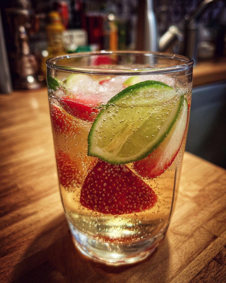 A close-up of a glass filled with Frohito, ice, sliced strawberries, and lime wedges, with tiny bubbles rising.