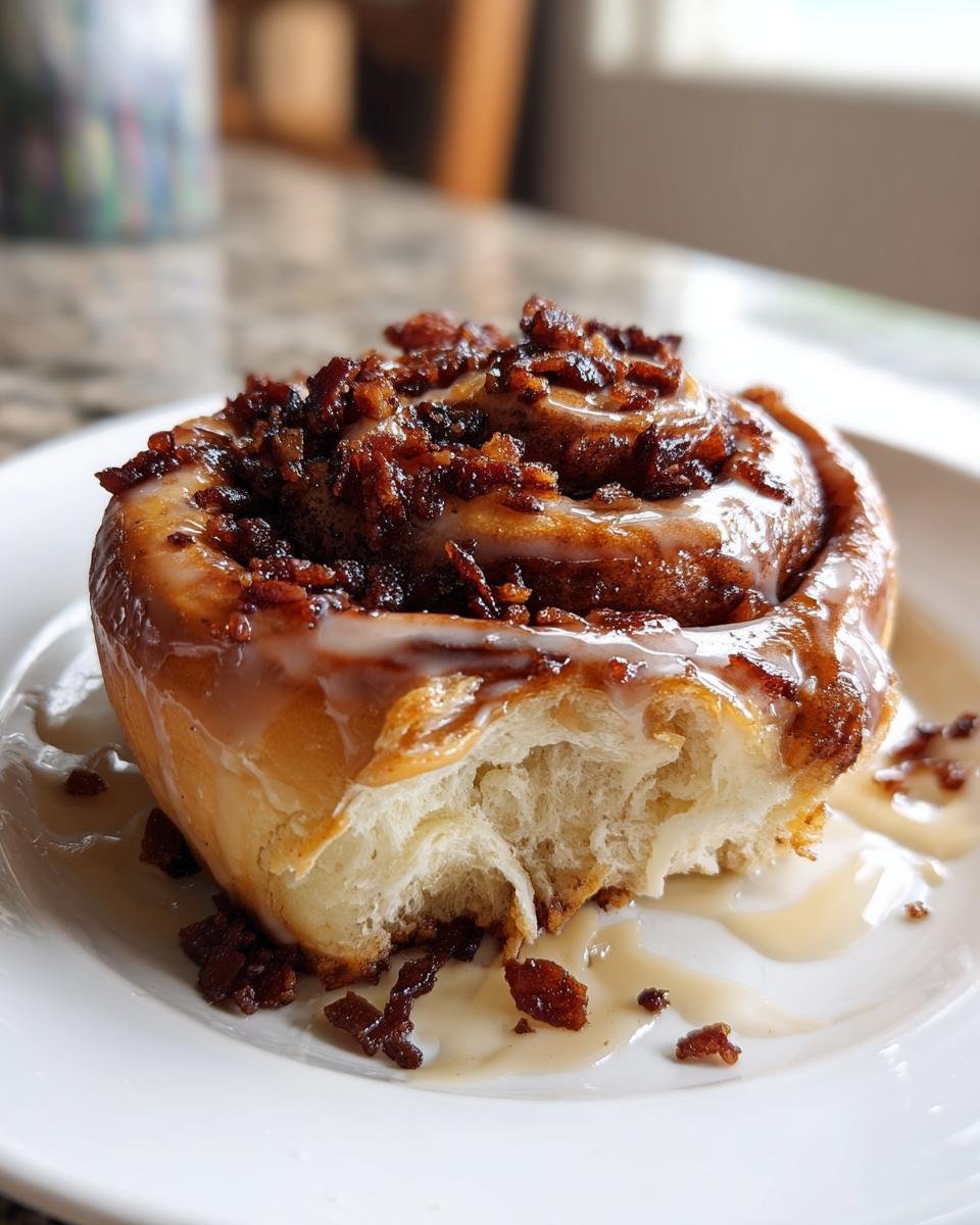 Close-up of a Giant Maple Bacon Cinnamon Roll with a bite taken out, showing fluffy interior and bacon topping.