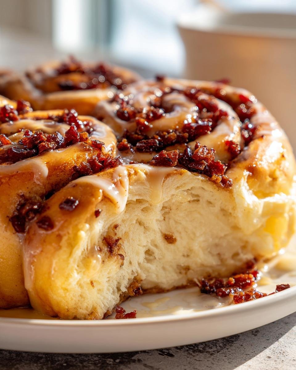 A close-up showing a torn section of a Giant Maple Bacon Cinnamon Roll with gooey icing and crispy bacon bits.