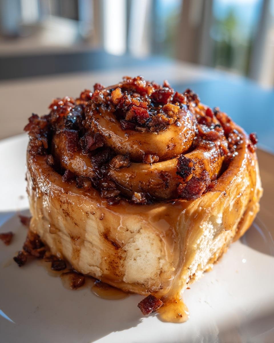Close-up of a Giant Maple Bacon Cinnamon Roll, dripping with glaze and topped with crispy bacon bits.