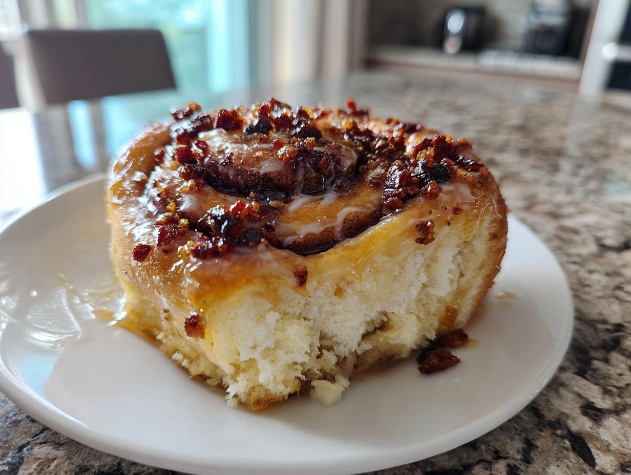 A close-up shot of a Giant Maple Bacon Cinnamon Roll, glazed and topped with crispy bacon bits, sitting on a white plate.
