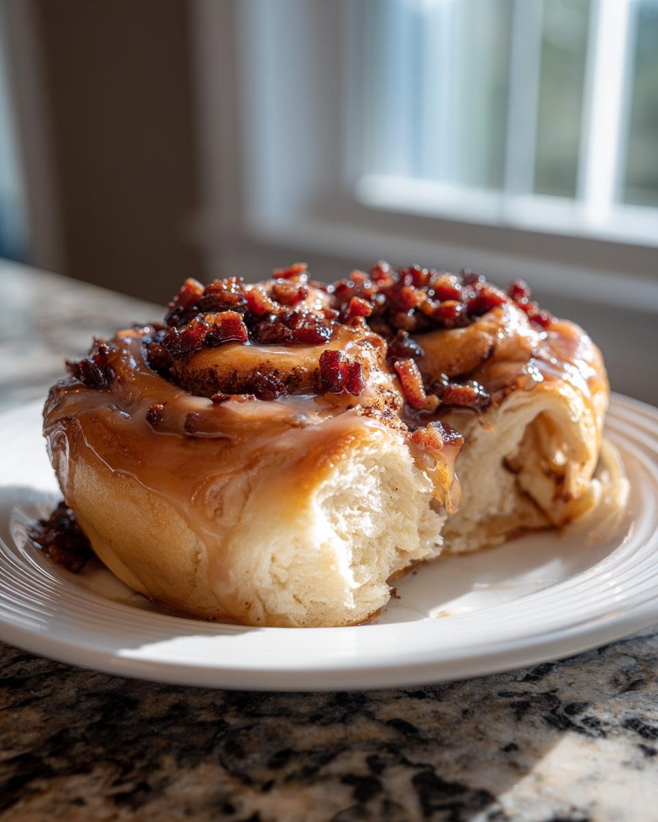 A Giant Maple Bacon Cinnamon Roll, split open, covered in maple glaze and crispy bacon bits.