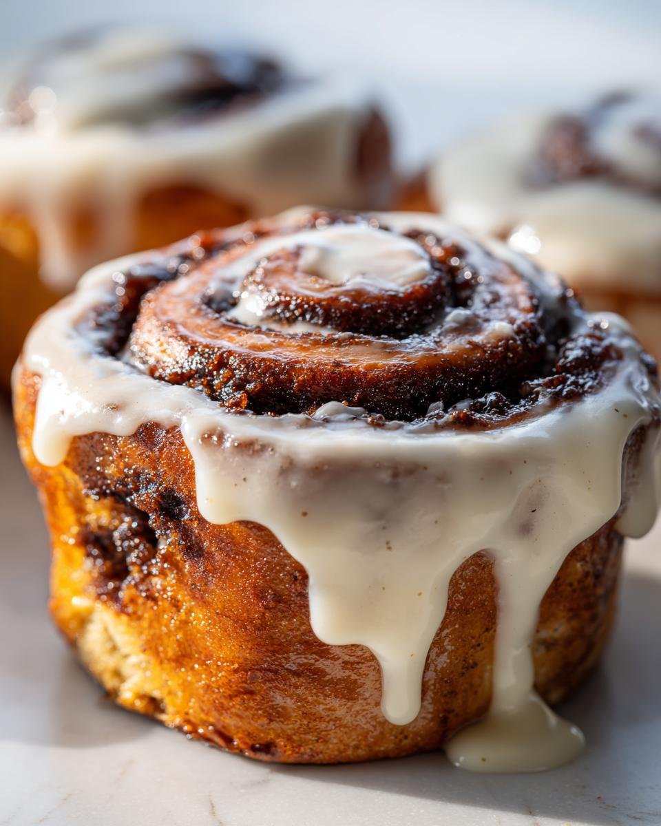 A close-up of a soft Gingerbread Cinnamon Roll topped with dripping Eggnog Cream Cheese Glaze.