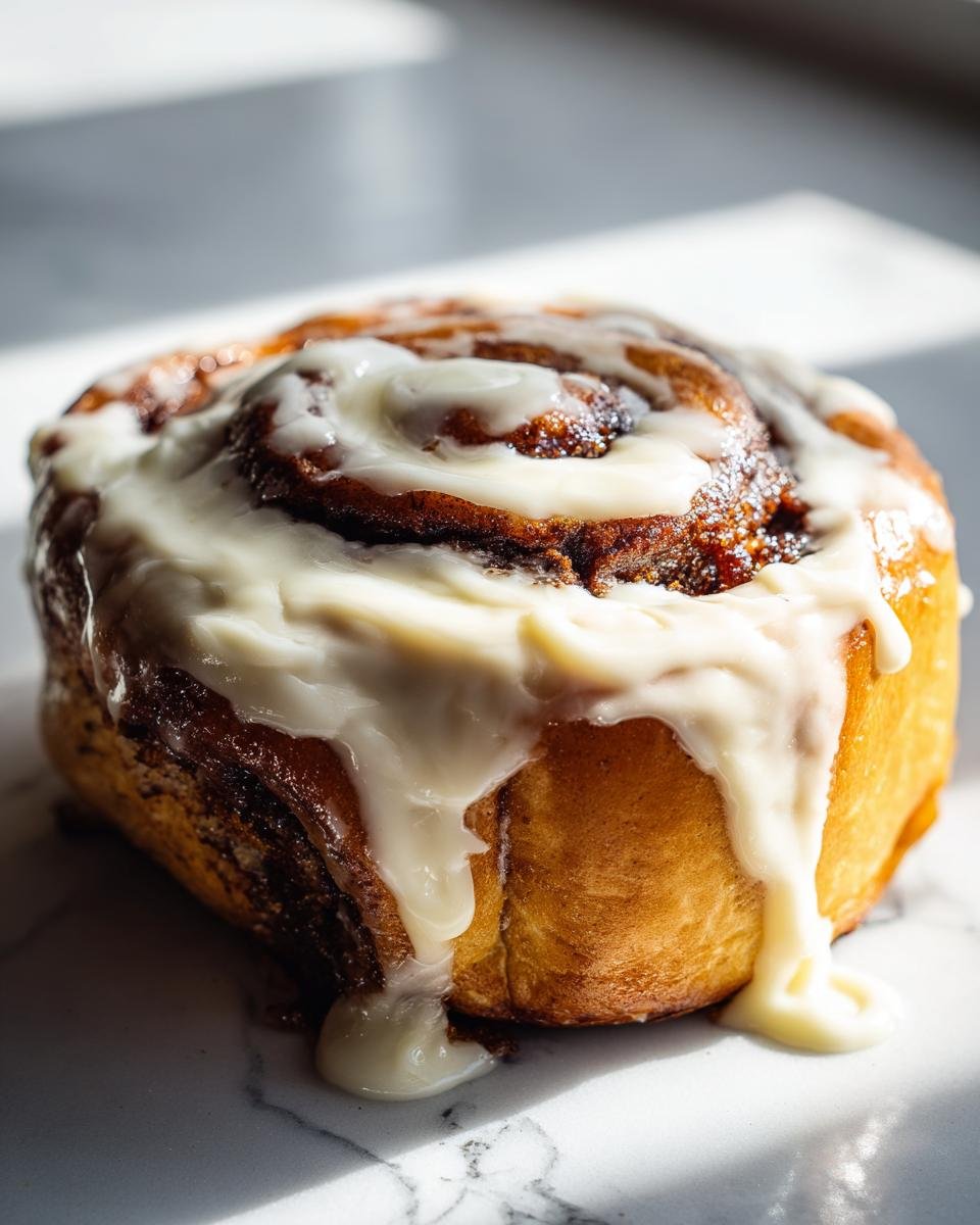 A single, soft Gingerbread Cinnamon Roll generously topped with dripping Eggnog Cream Cheese Glaze.