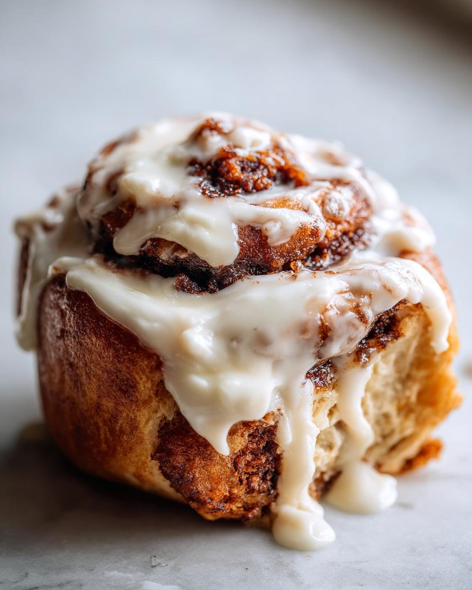 Close-up of a soft Gingerbread Cinnamon Roll topped with thick, dripping Eggnog Cream Cheese Glaze.