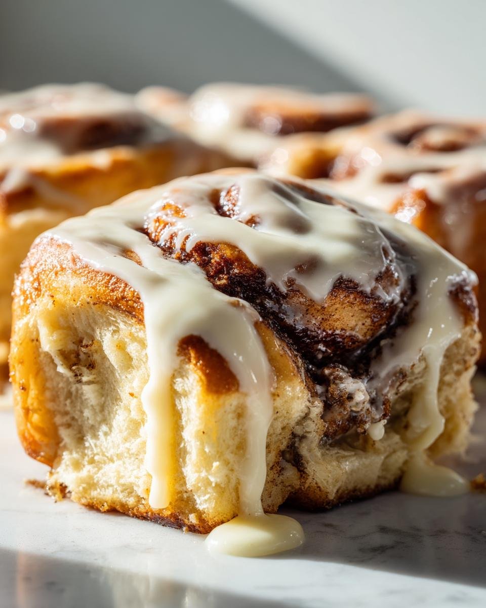 Close-up of a soft Gingerbread Cinnamon Roll dripping with thick Eggnog Cream Cheese Glaze.