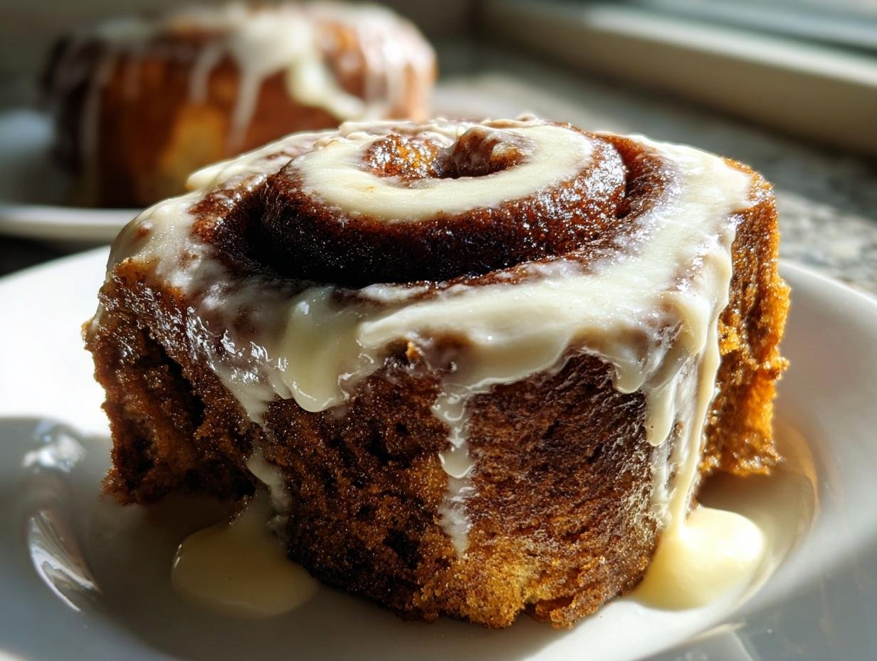 Close-up of a soft Gingerbread Cinnamon Roll topped with thick, dripping Eggnog Cream Cheese Glaze.