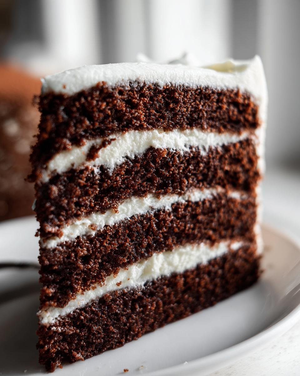 Close-up of a rich, dark slice of Gingerbread Layer Cake With Cream Cheese Frosting showing three layers of cake and two layers of white frosting.