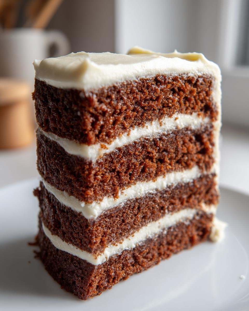 A close-up of a tall slice of Gingerbread Layer Cake With Cream Cheese Frosting showing three dark brown cake layers.