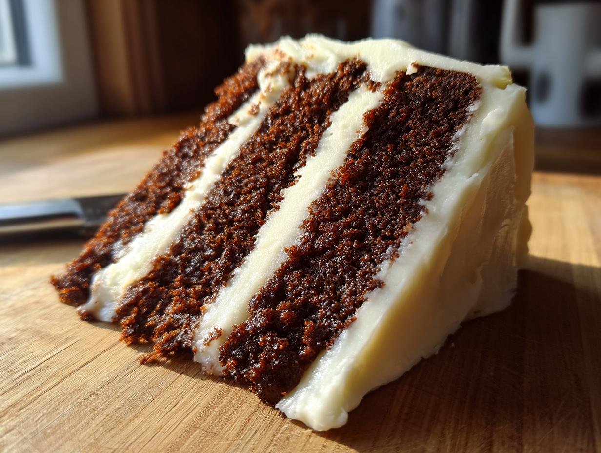 Close-up of a moist slice of Gingerbread Layer Cake With Cream Cheese Frosting showing dark brown spice cake layers and thick white frosting.