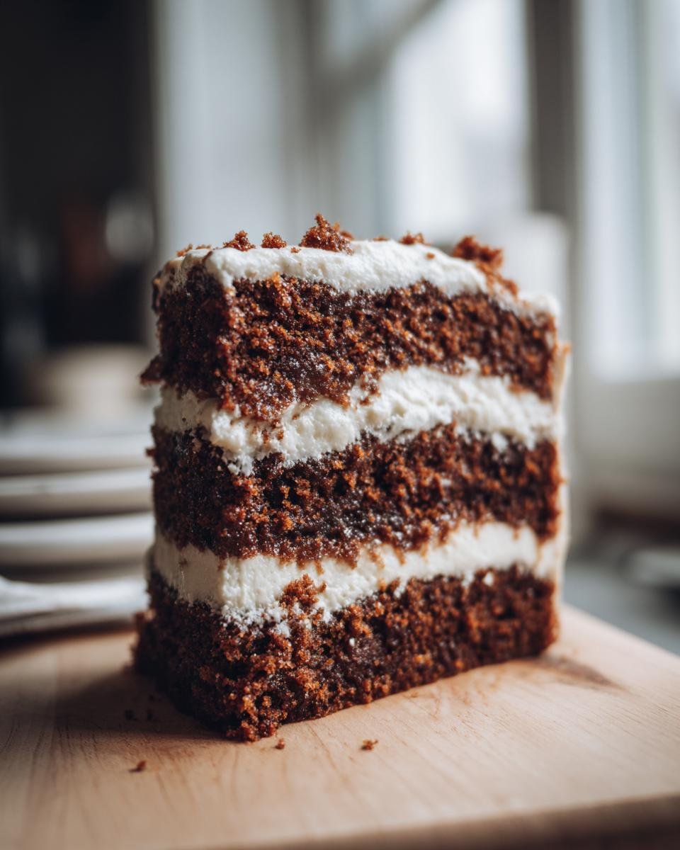 Close-up of a moist slice of Gingerbread Layer Cake With Cream Cheese Frosting showing three dark cake layers and two white frosting layers.