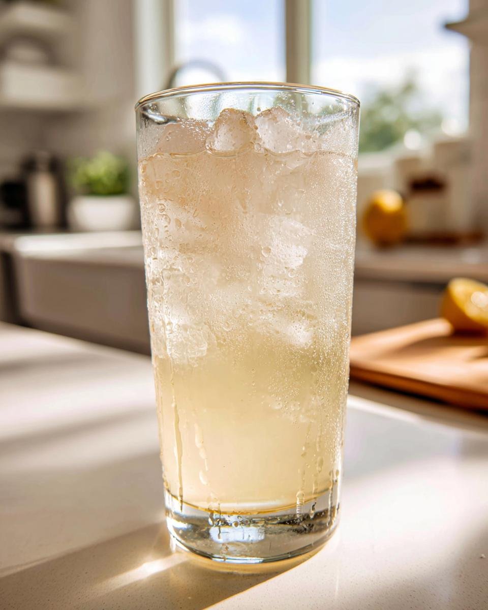 A tall, sweating glass filled with ice and Refreshing Homemade Lemonade sitting on a bright kitchen counter.