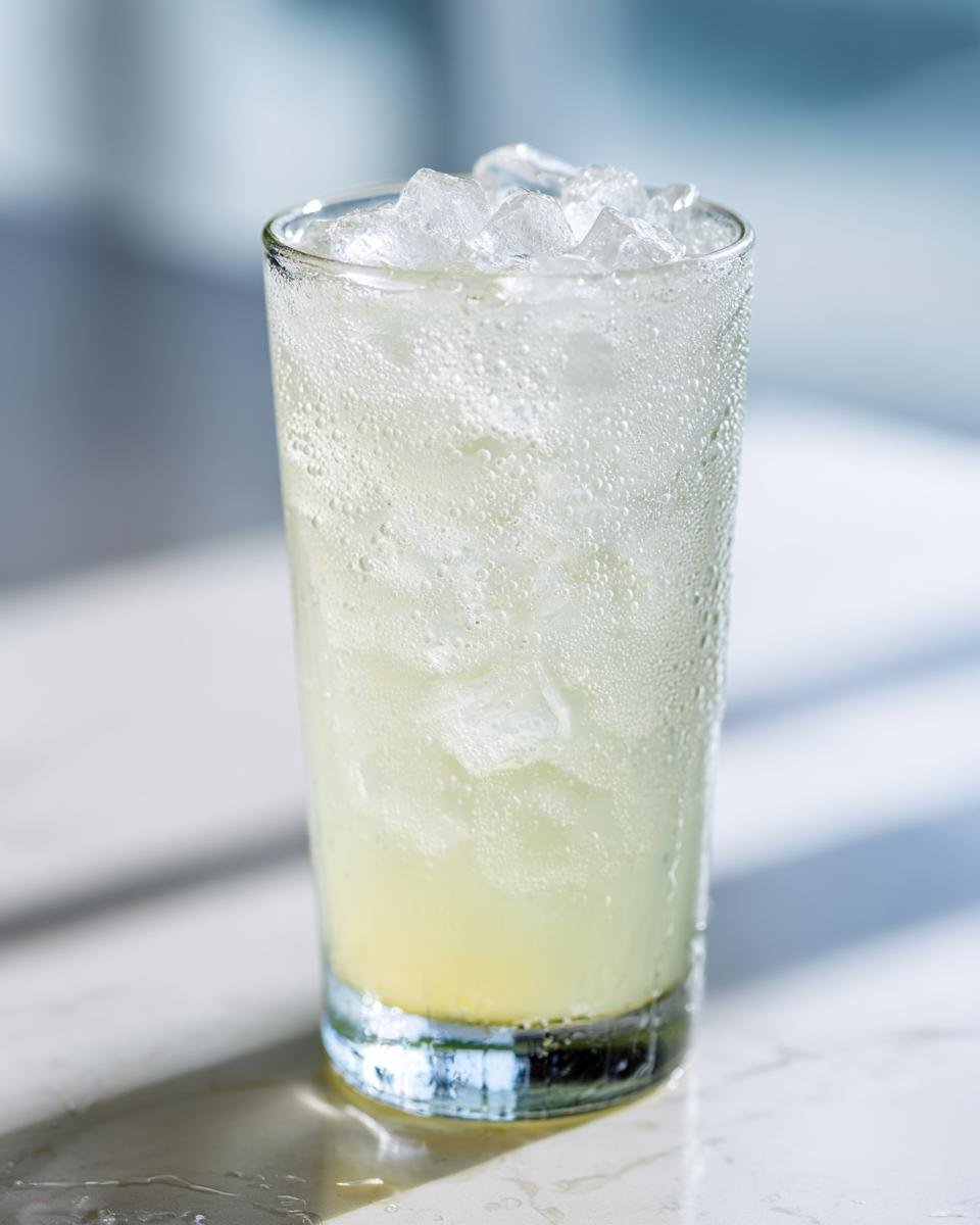 A tall glass filled with ice and Refreshing Homemade Lemonade, showing condensation on the outside.