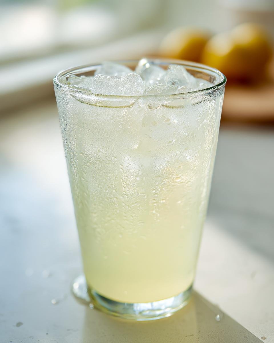 Close-up of a tall, sweating glass filled with ice and Refreshing Homemade Lemonade.