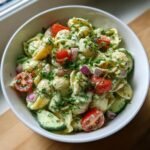 A bowl of Green Goddess Pasta Salad featuring shell pasta, cherry tomatoes, cucumber slices, red onion, and fresh dill.