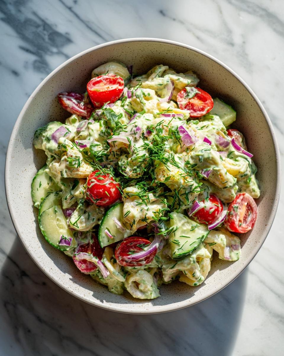 A bowl of Green Goddess Pasta Salad featuring pasta, cucumber slices, cherry tomatoes, red onion, and fresh dill.
