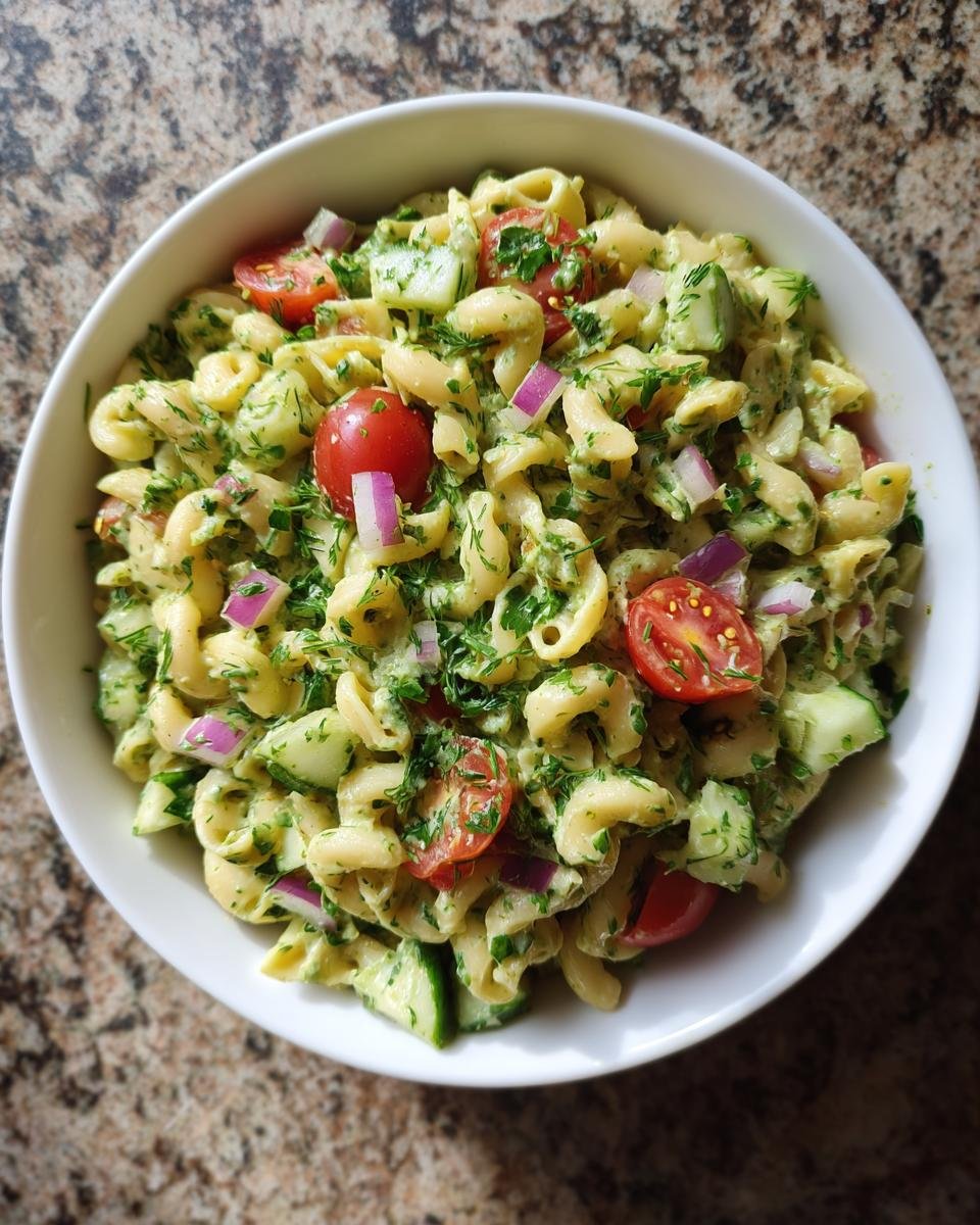 A bowl of Green Goddess Pasta Salad with pasta, cherry tomatoes, cucumber, red onion, and fresh herbs.