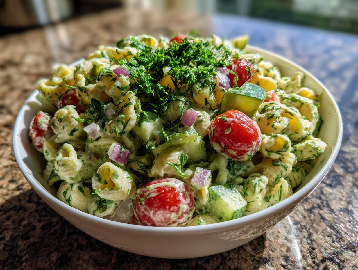 A close-up of a white bowl filled with Green Goddess Pasta Salad, featuring pasta shells, cherry tomatoes, cucumber, red onion, and fresh dill.