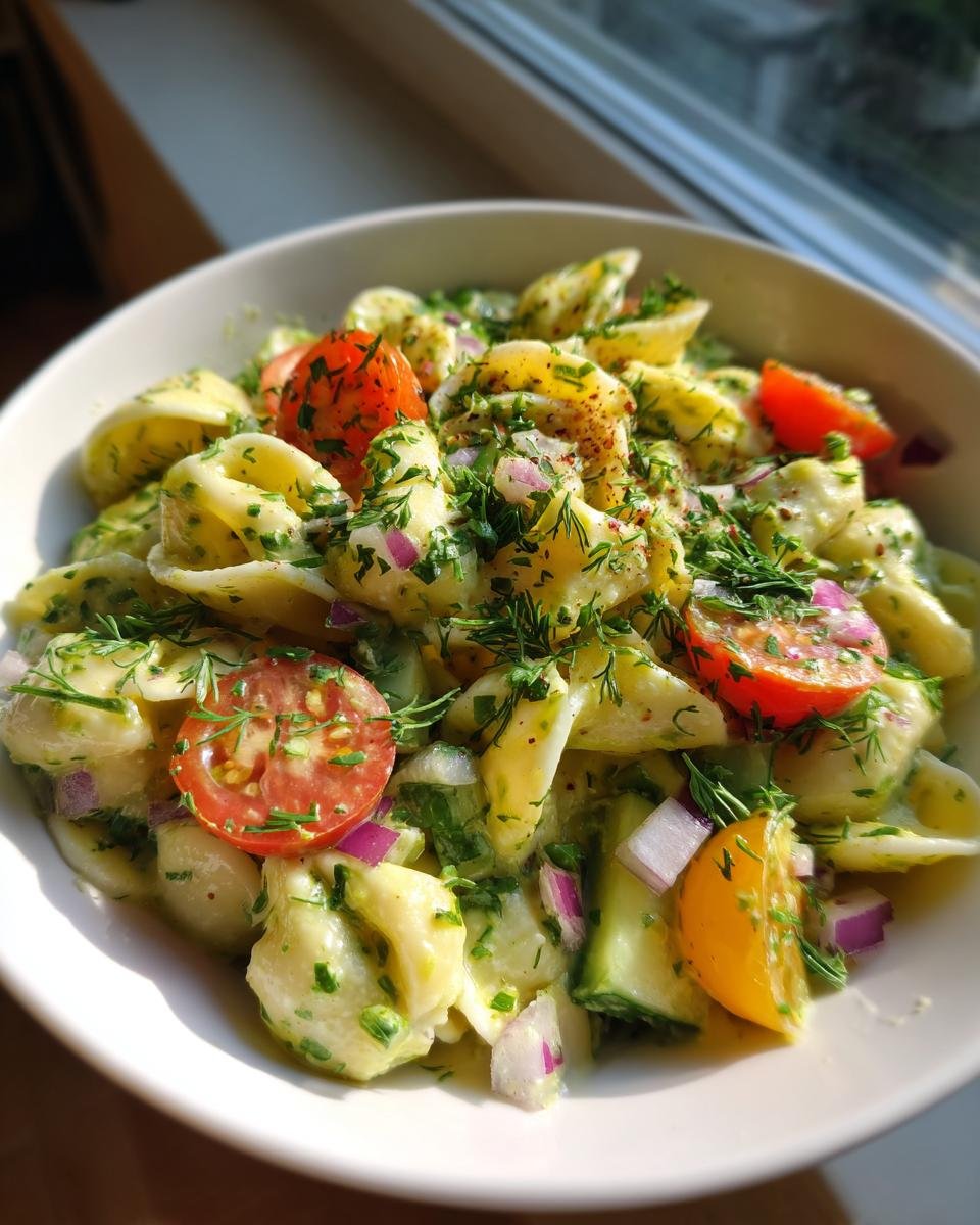 A bowl of vibrant Green Goddess Pasta Salad, featuring pasta shells, cherry tomatoes, red onion, cucumber, and fresh herbs.